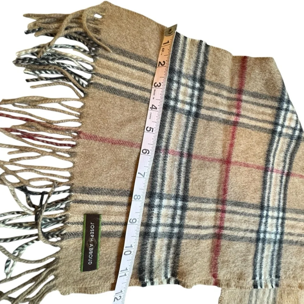 Joseph Abboud 100% Cashmere 55” Long Tan Multicolor Plaid Fringe Scarf I16